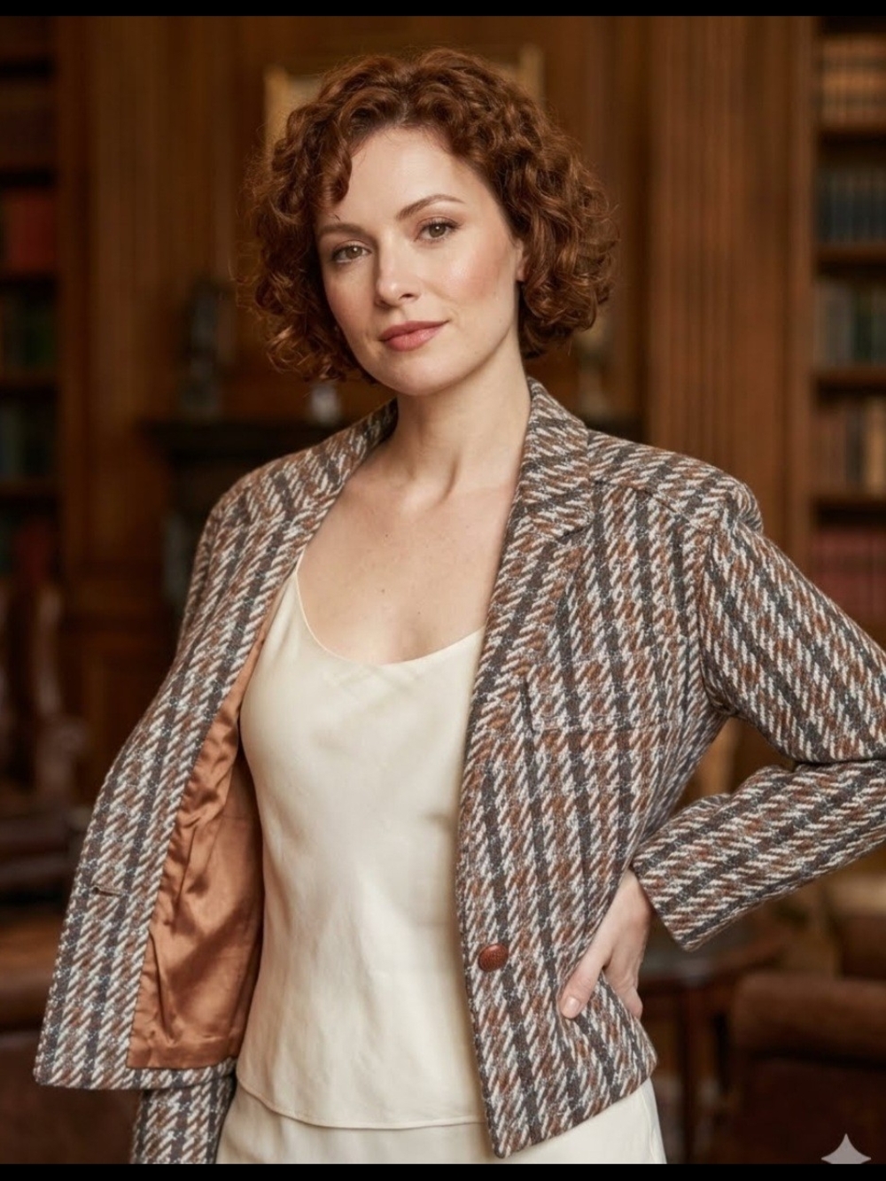 Tailored Vintage Brown Houndstooth Blazer with Cream Accents